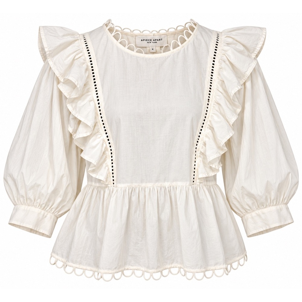 Apiece Apart Blouse 4 Ivory Ruffle Peplum Puff Sleeve Cottagecore Romantic Boho